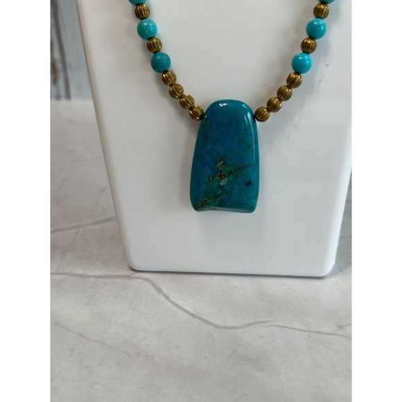 Southwestern Blue Phoenix Stone Faux Turquoise Brass Beaded Necklace - Picture 3 of 7